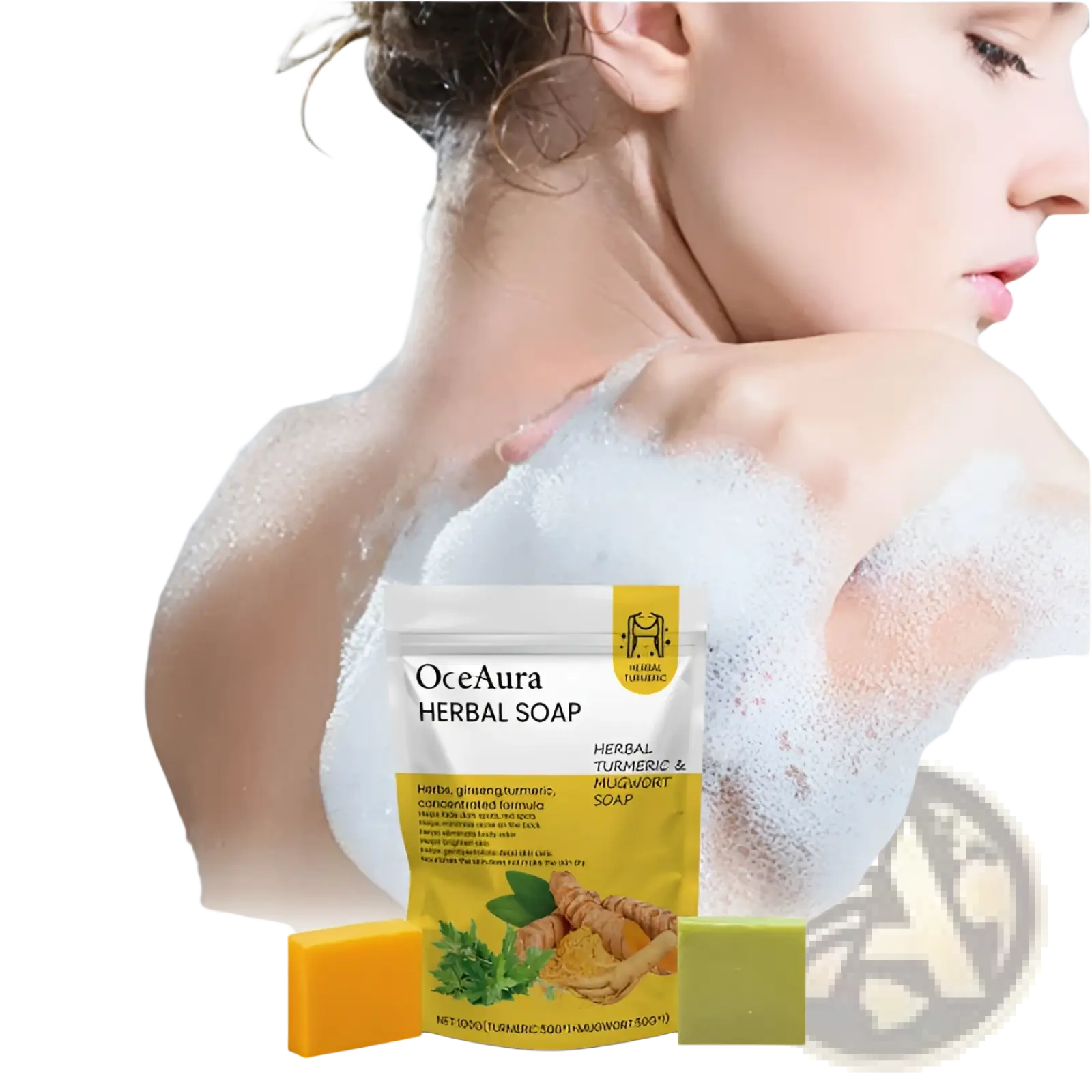 A package of oceaura turmeric and mugwort herbal soap bar set with yellow white packaging and orange green soap bars