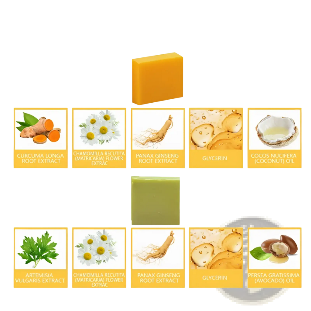 Turmeric and mugwort herbal soap bar set with orange and green rectangular bars and ingredient illustrations displayed