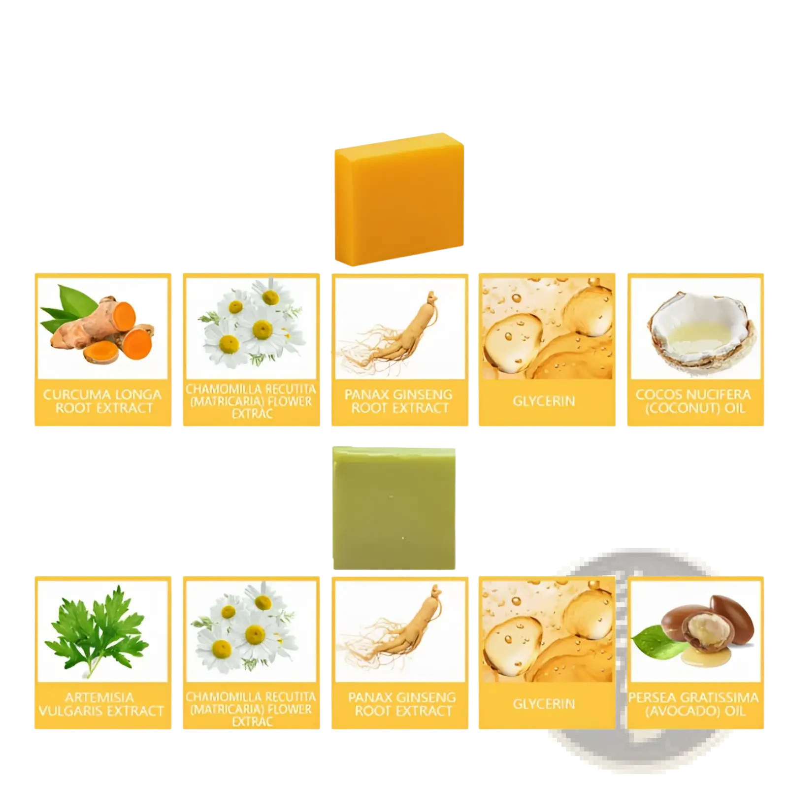 Turmeric and mugwort herbal soap bar set with orange and green rectangular bars and ingredient illustrations displayed