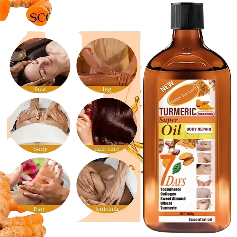 Amber-colored turmeric skincare essential oil in a sleek glass bottle with black cap for body repair and hair care