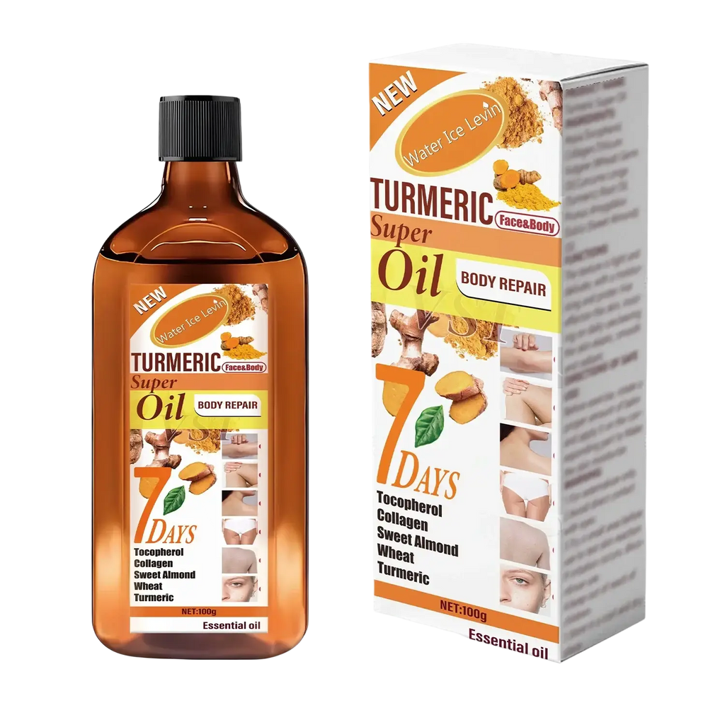 Amber glass bottle with black cap and orange turmeric label alongside matching rectangular box of turmeric skincare essential oil 100g