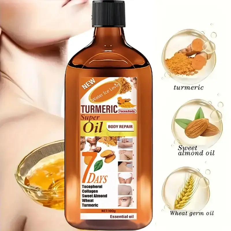 Amber glass bottle with black cap and label containing 100g turmeric skincare essential oil for body repair