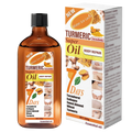 Amber glass bottle with black cap and orange turmeric label next to matching box of turmeric skincare essential oil 100g