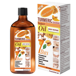 Amber glass bottle with black cap and orange turmeric label next to matching box of turmeric skincare essential oil 100g