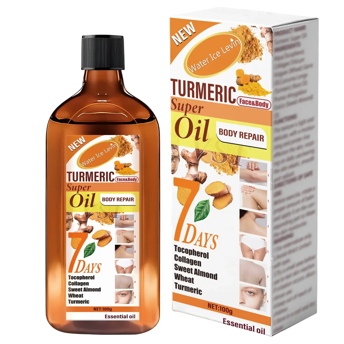 Amber glass bottle with black cap and orange turmeric label next to matching box of turmeric skincare essential oil 100g