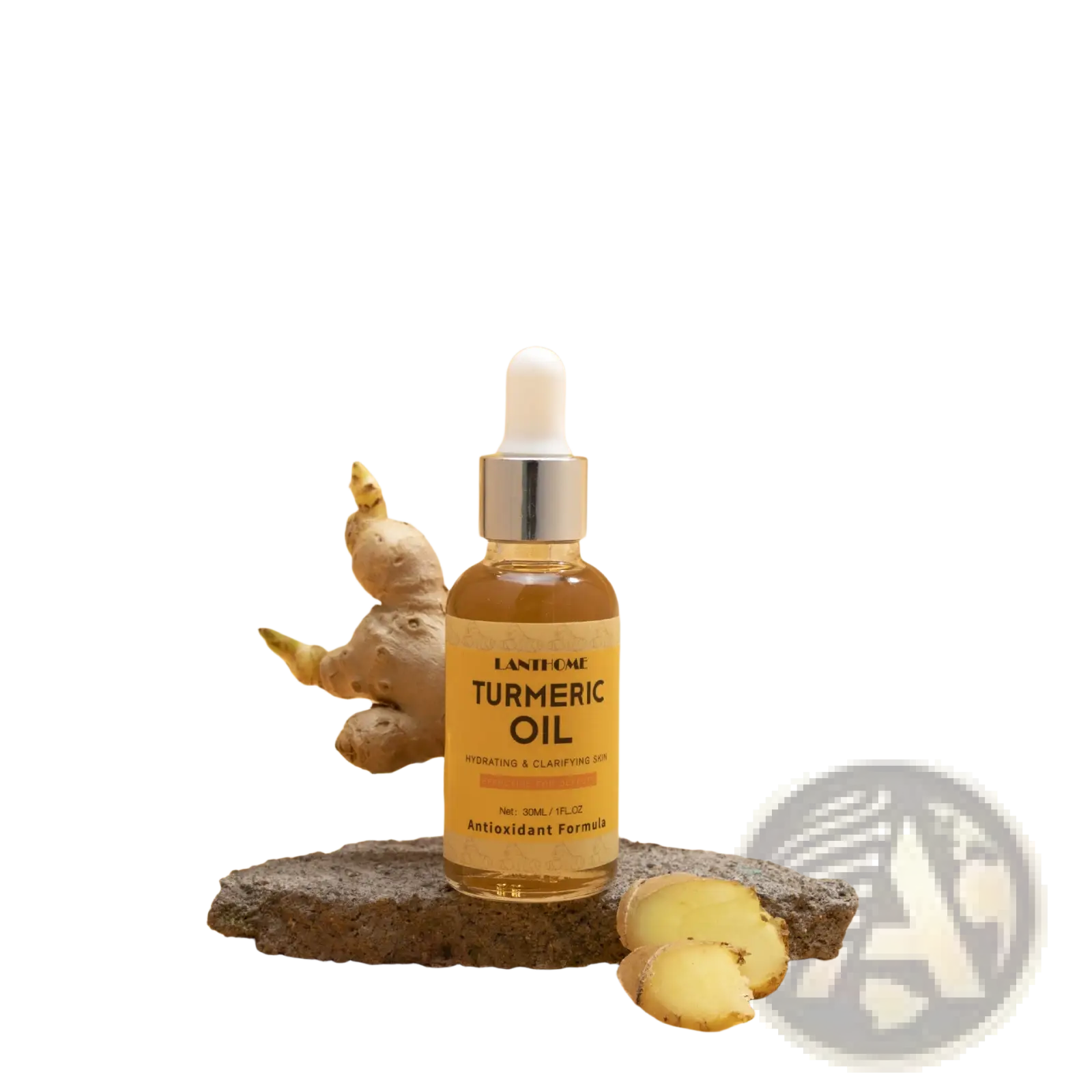 A clear glass bottle of lanthome turmeric antioxidant oil with a silver dropper cap for hydrating brightening skin