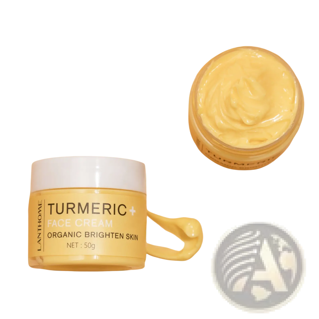 Yellow lanthomé turmeric face cream jar with white lid 50g featuring organic brighten skin formula from turmeric skincare set brightening oil and face cream