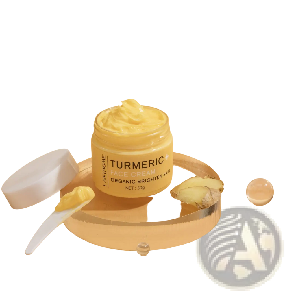 A yellow turmeric face cream in a clear glass jar with white lid labeled lanthome organic brighten skin with ginger slices