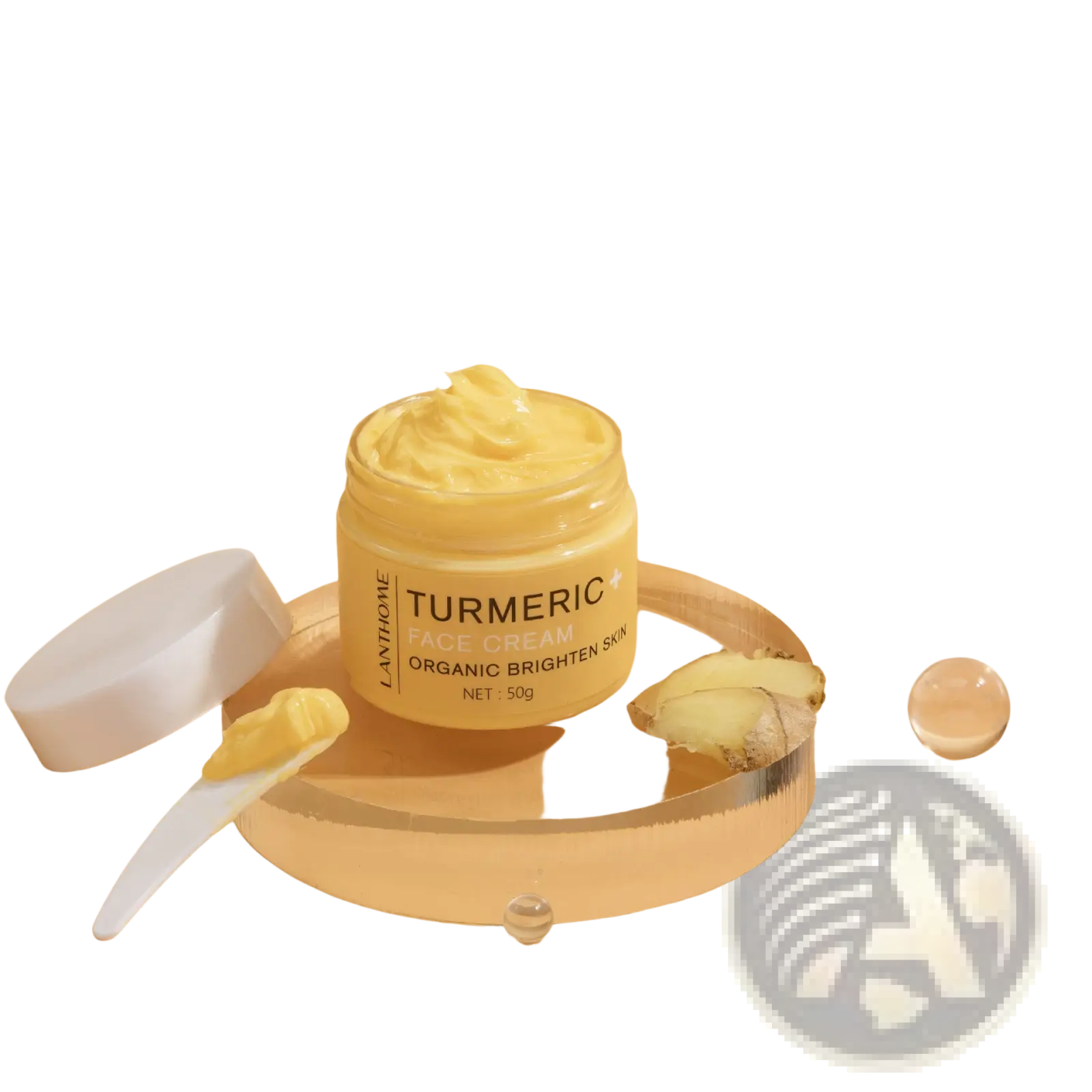 A yellow turmeric face cream in a clear glass jar with white lid labeled lanthome organic brighten skin with ginger slices