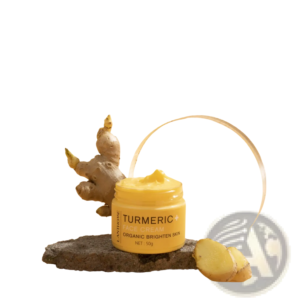 A yellow tinted turmeric face cream in a clear glass jar with white label for organic brightening skin by lanthome