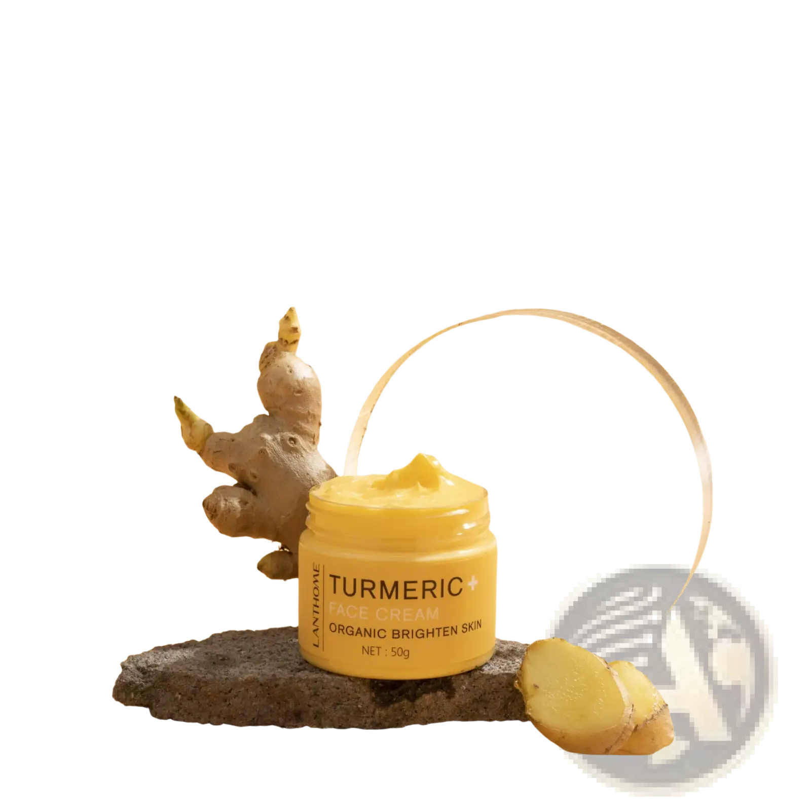 A yellow tinted turmeric face cream in a clear glass jar with white label for organic brightening skin by lanthome