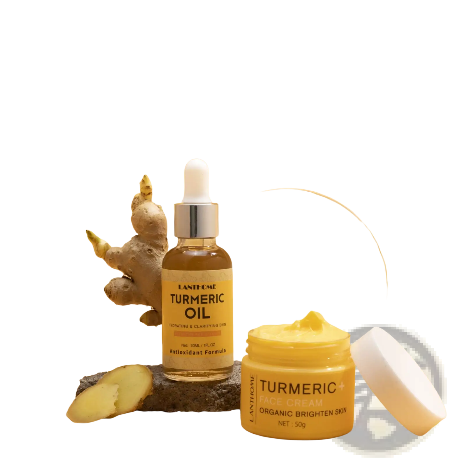 Yellow glass bottle of turmeric oil by lanthomé with silver dropper cap and amber liquid for brightening skincare