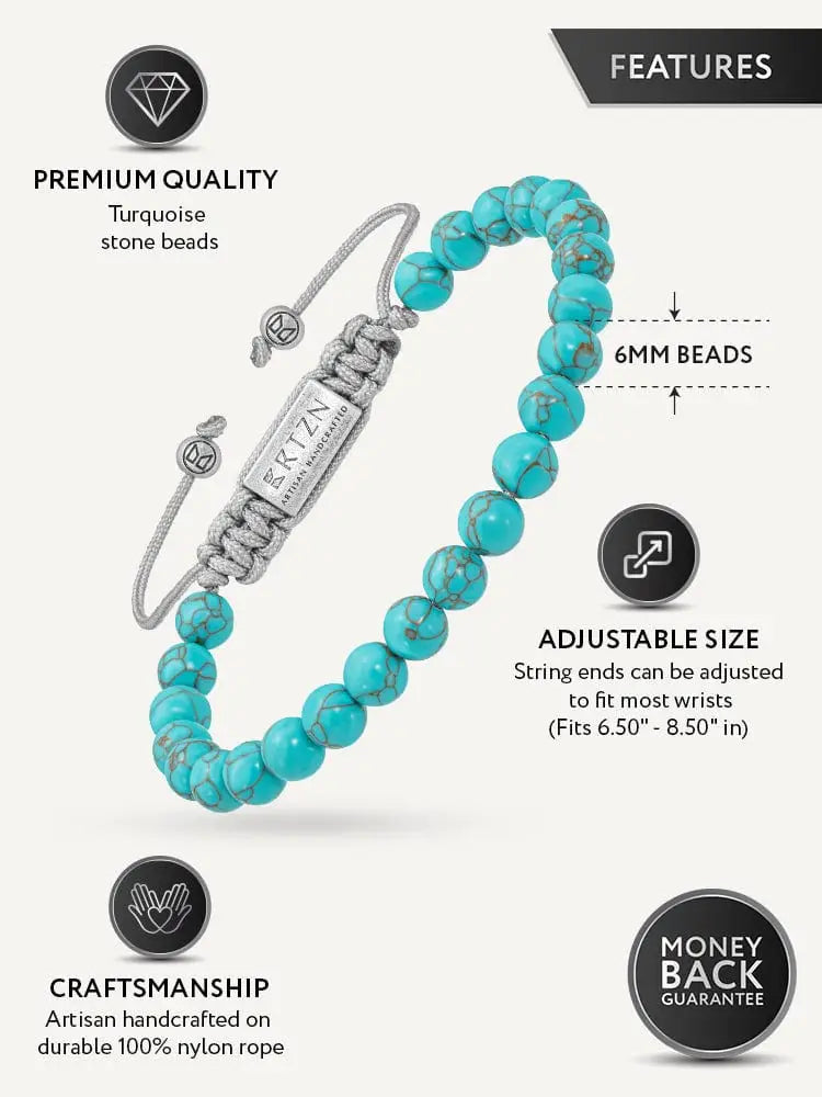 Handcrafted bali turquoise stone beaded bracelet with silver-toned clasp and adjustable nylon cord