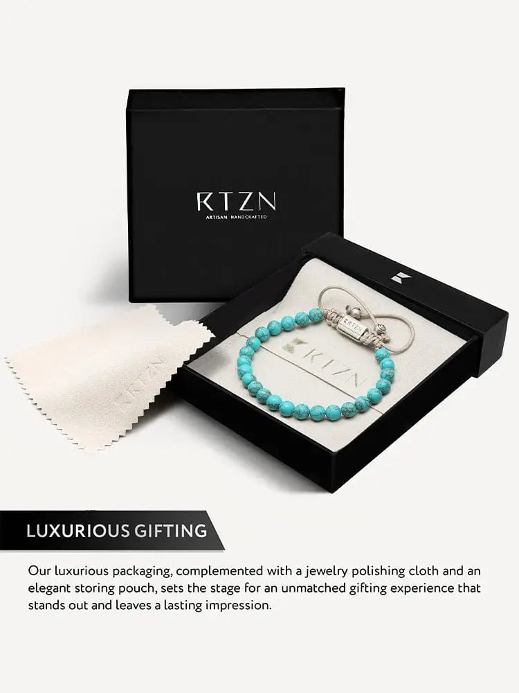 Handcrafted bali turquoise stone beaded bracelet with silver clasp displayed in an elegant black gift box