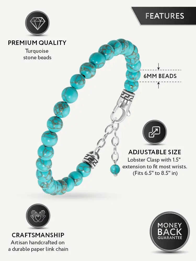Authentic turquoise stone beaded bracelet with silver-toned lobster clasp and adjustable chain extension