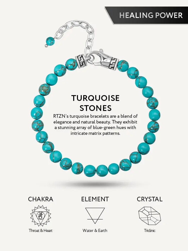 Authentic turquoise stone beaded bracelet with round blue-green beads and silver-toned clasp and chain