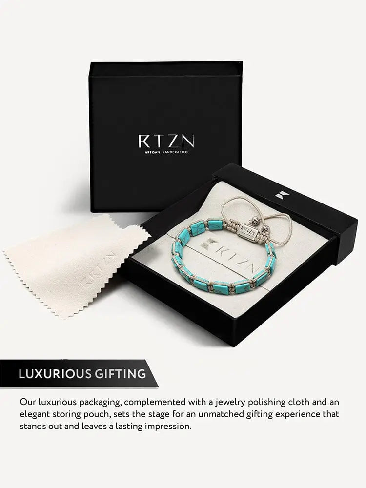 Havana authentic turquoise beaded macrame bracelet with silver-toned clasp in black rtzn gift box