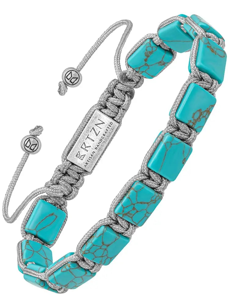 Havana authentic turquoise beaded macrame bracelet with turquoise square stone and silver braided cord with metal tag