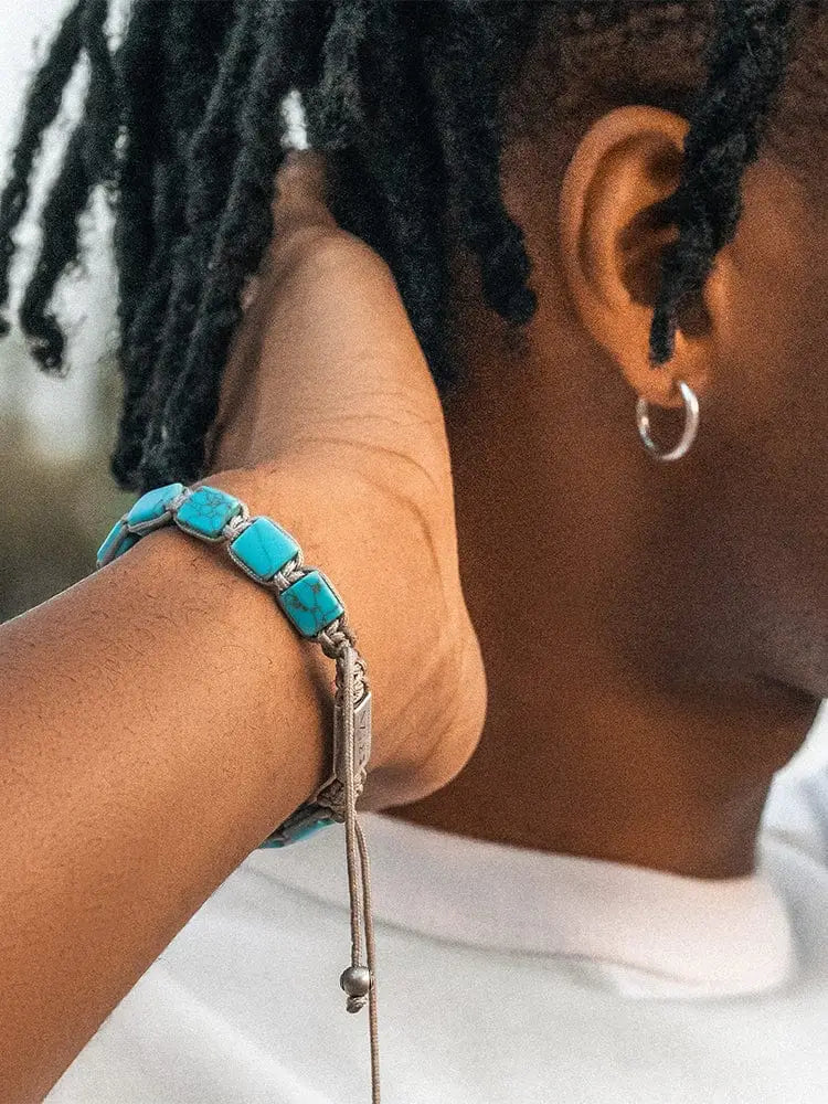 Turquoise rectangular stone beaded macrame bracelet with silver-toned clasp and adjustable cord by Havana Authentic