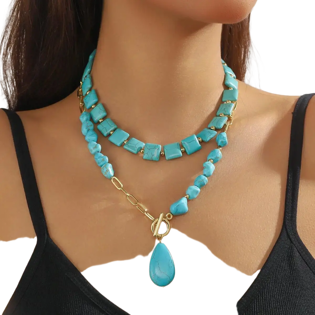 Turquoise beaded double teardrop pendant necklace with turquoise stones gold-toned chain and toggle clasp from mainland china
