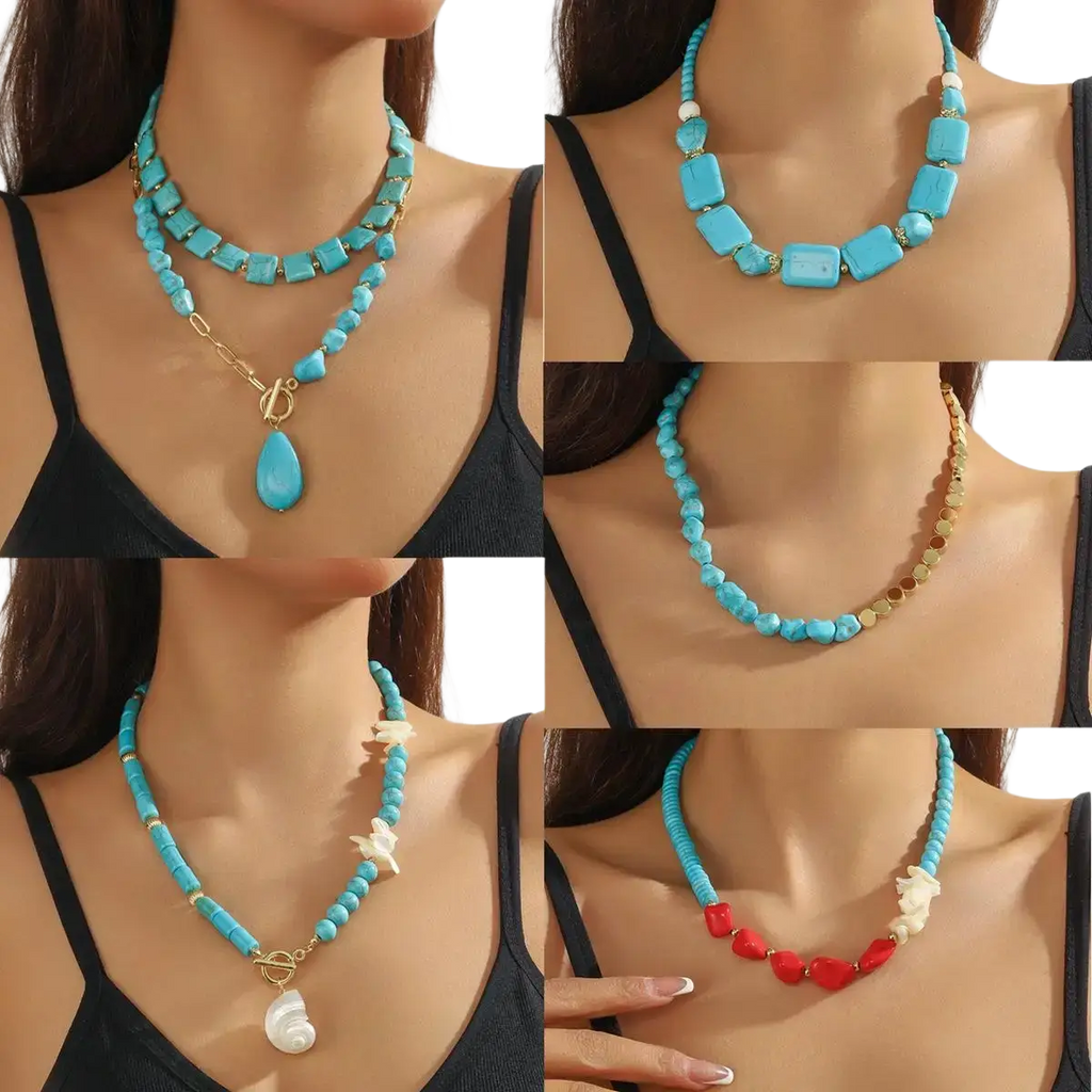 Turquoise beaded double teardrop pendant necklace with gold-toned accents from mainland china for women