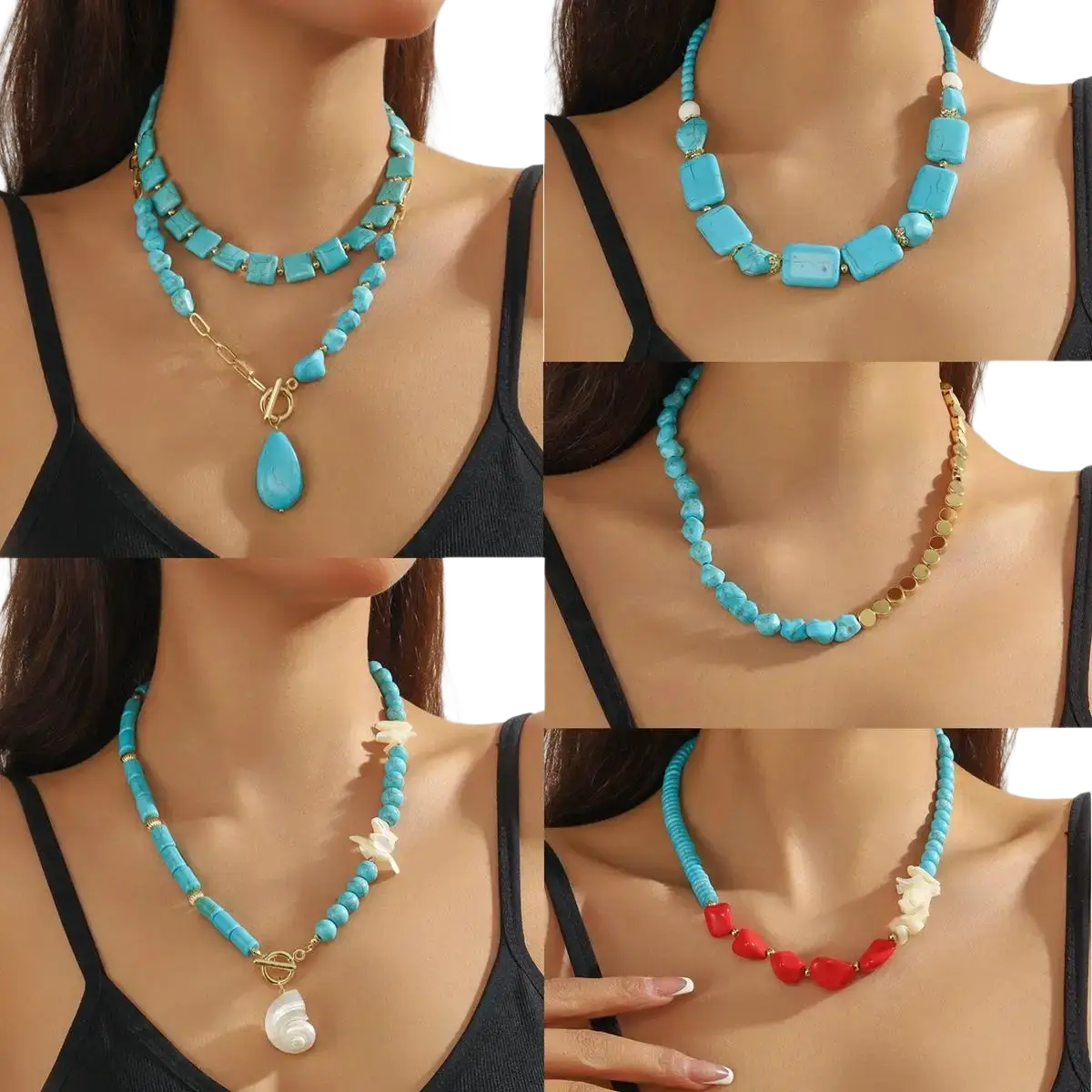 Turquoise beaded double teardrop pendant necklace with gold-toned accents from mainland china for women