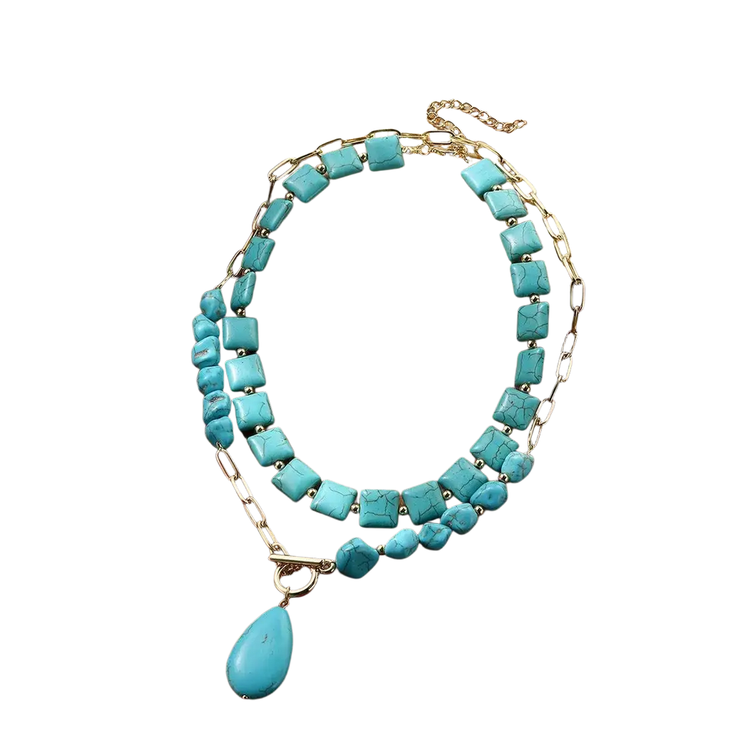 Turquoise beaded double teardrop pendant necklace from mainland china with layered design and gold-toned chain links