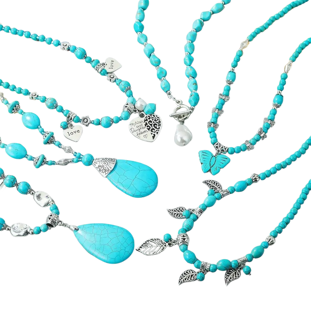 Turquoise beaded double teardrop pendant necklace with silver toned charms from mainland china for women