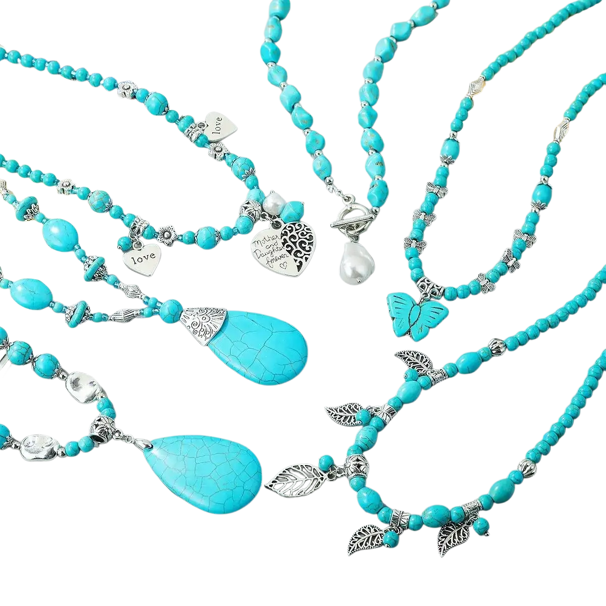 Turquoise beaded double teardrop pendant necklace with silver toned charms from mainland china for women