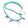 Turquoise beaded double teardrop pendant necklace with silver leaf charms and chain clasp from mainland china