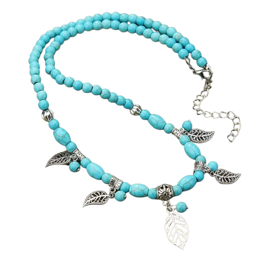 Turquoise beaded double teardrop pendant necklace with silver leaf charms and chain clasp from mainland china