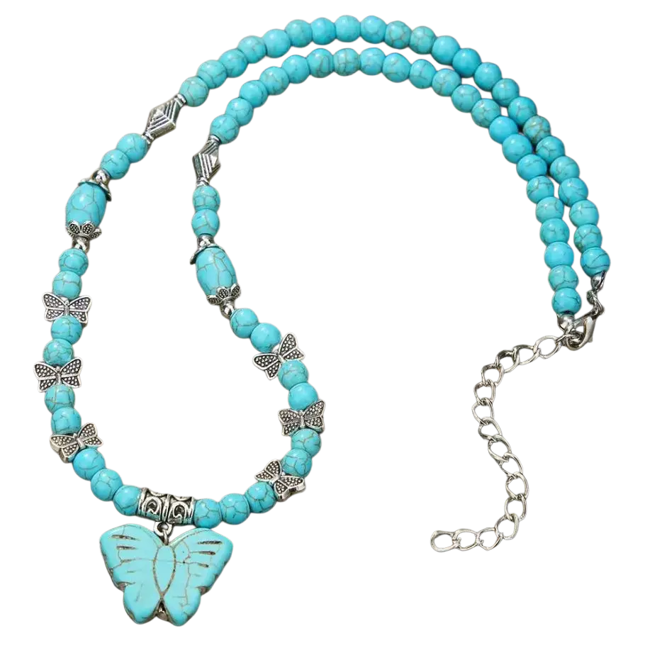 Turquoise beaded double teardrop pendant necklace with silver butterfly charms from mainland china for women