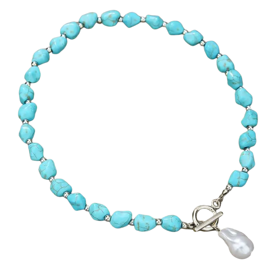 Turquoise beaded double teardrop pendant necklace with silver toggle clasp and white pearl drop from mainland china