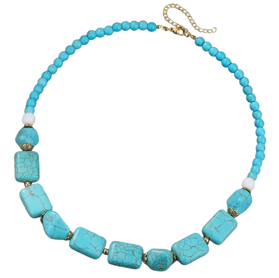 Turquoise beaded double teardrop pendant necklace with rectangular and round stones and gold-toned clasp from mainland China