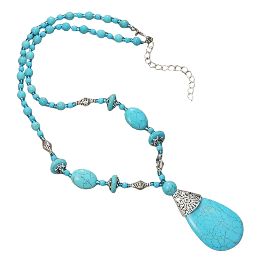 Turquoise beaded double teardrop pendant necklace with crackled pendant and silver accents from mainland china
