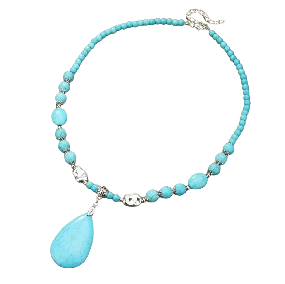 Turquoise beaded double teardrop pendant necklace with silver skull charms from mainland china for women
