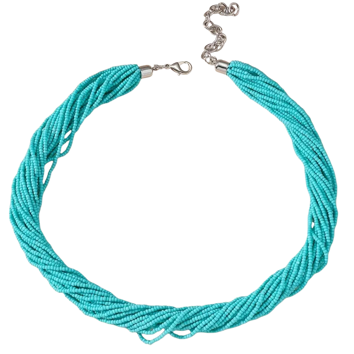 Turquoise beaded multi-layer boho choker necklace with silver-toned clasp and chain for stylish wear