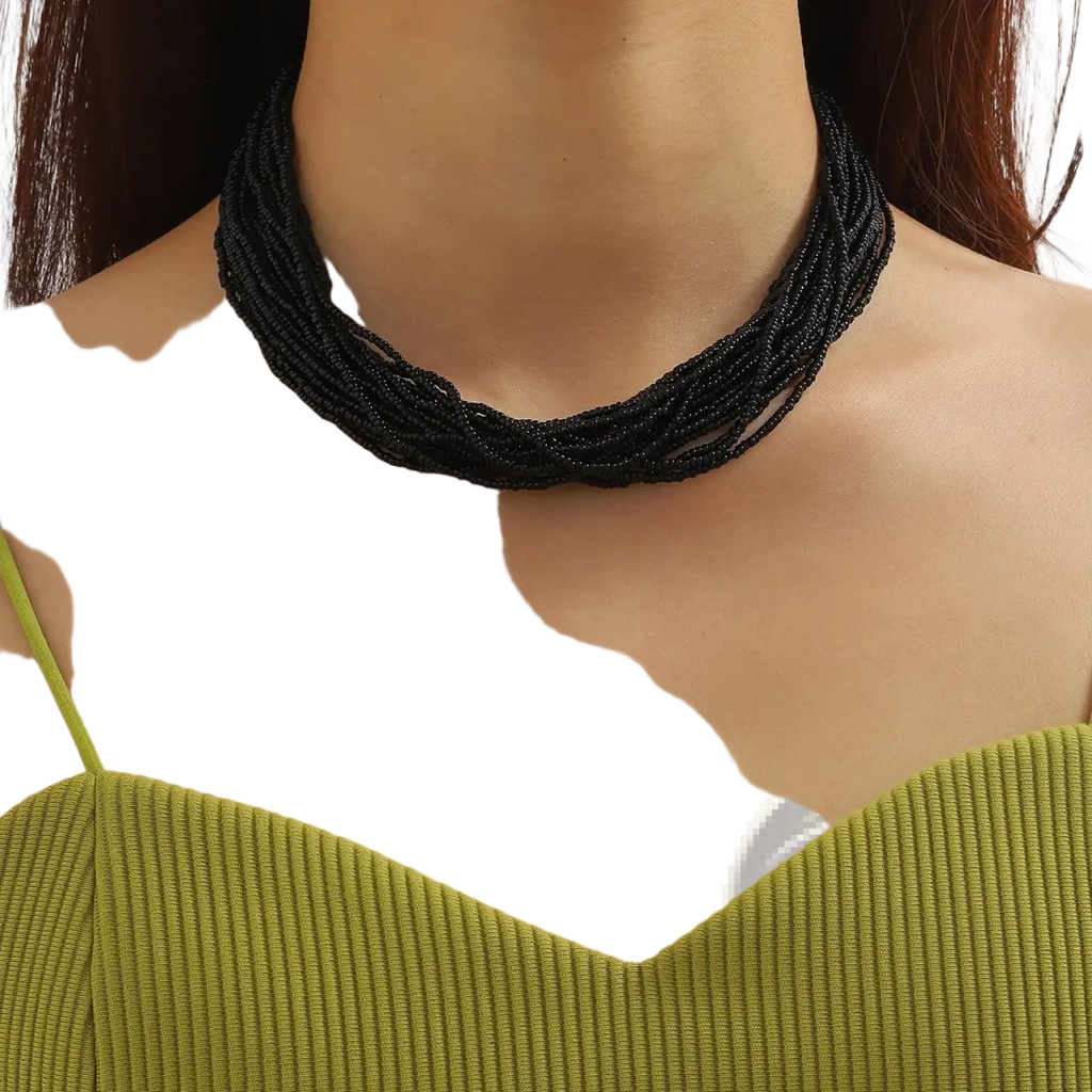 Black beaded multi-layer boho choker necklace featuring multiple woven strands for a stylish statement accessory