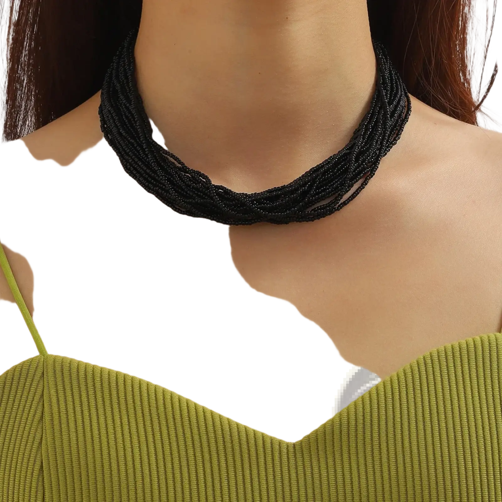 Black beaded multi-layer boho choker necklace featuring multiple woven strands for a stylish statement accessory