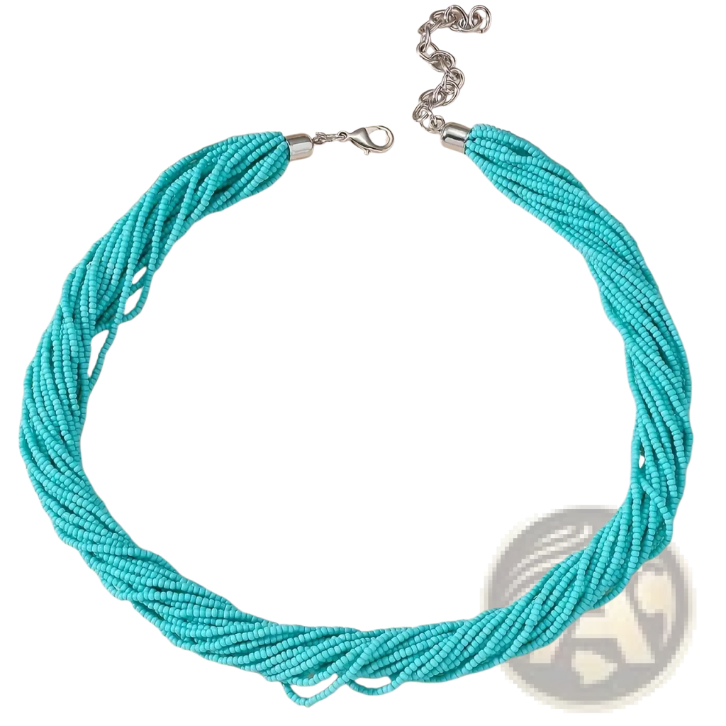Turquoise beaded multi-layer boho choker necklace with silver-toned clasp and chain for stylish wear