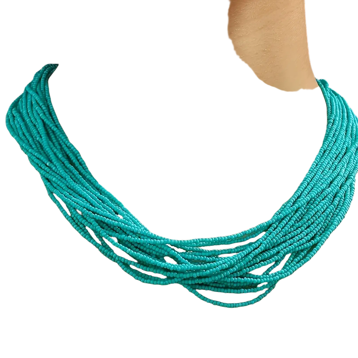 A vibrant turquoise beaded multi-layer boho choker necklace crafted from numerous thin strands of small beads