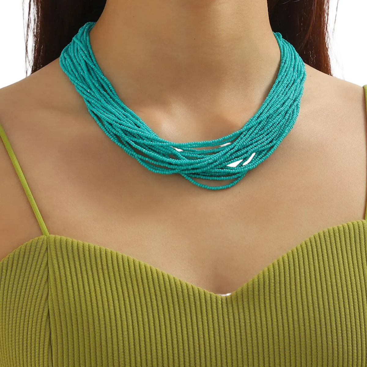 A vibrant turquoise beaded multi-layer boho choker necklace with multiple woven strands in turquoise color