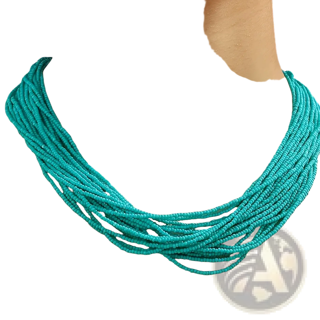 A vibrant turquoise beaded multi-layer boho choker necklace crafted from numerous thin strands of small beads