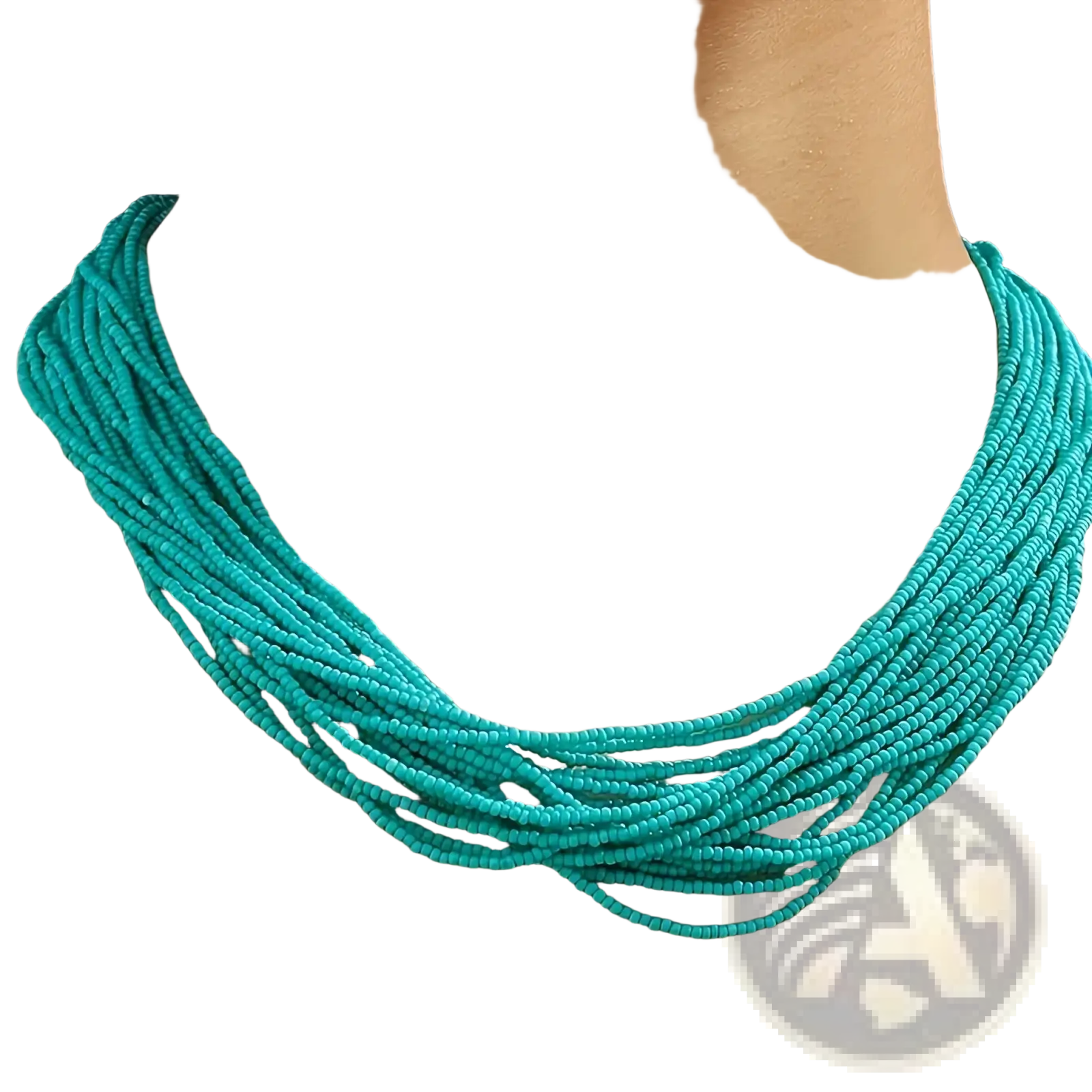A vibrant turquoise beaded multi-layer boho choker necklace crafted from numerous thin strands of small beads