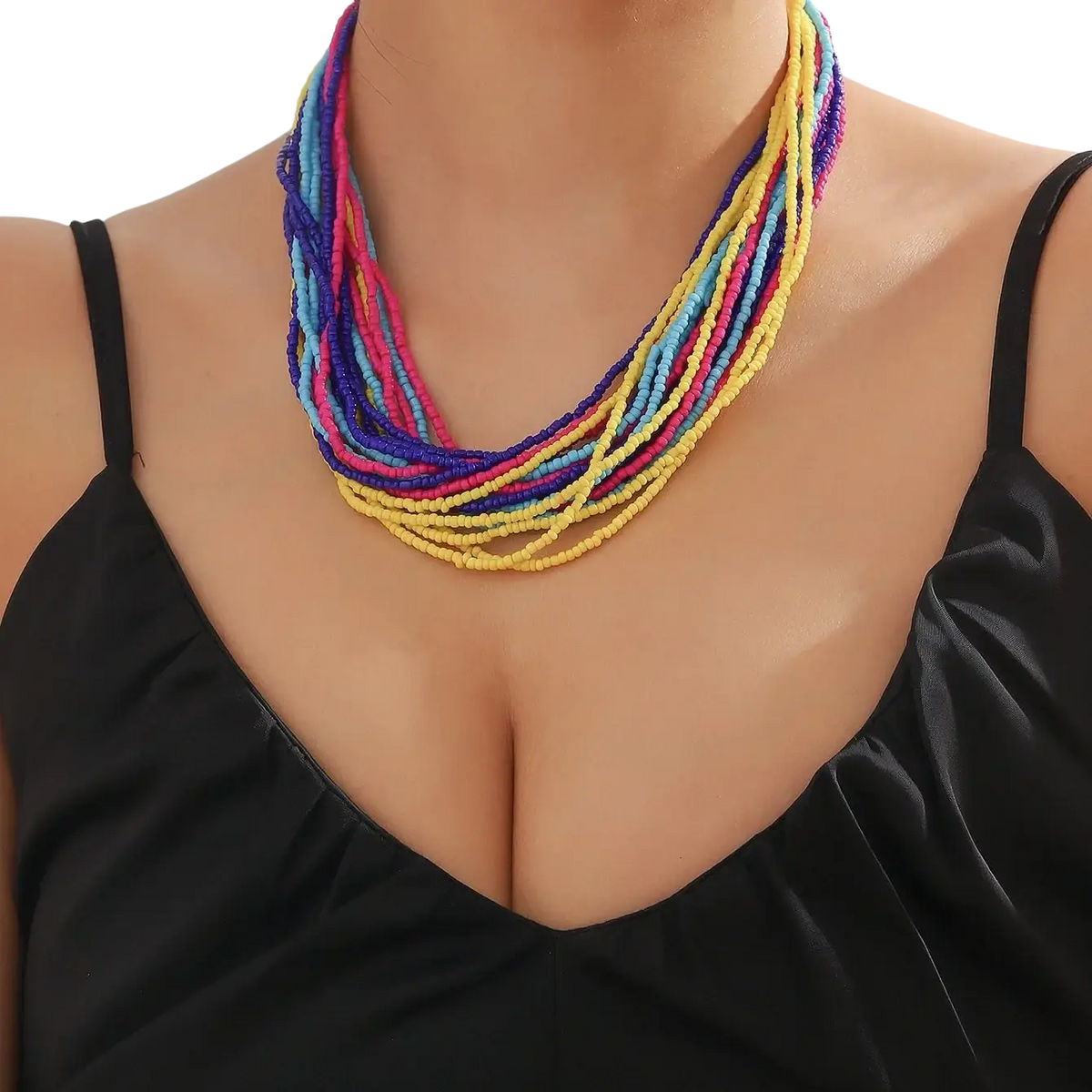 A vibrant turquoise beaded multi-layer boho choker necklace with colorful cylindrical beads in yellow pink blue and purple