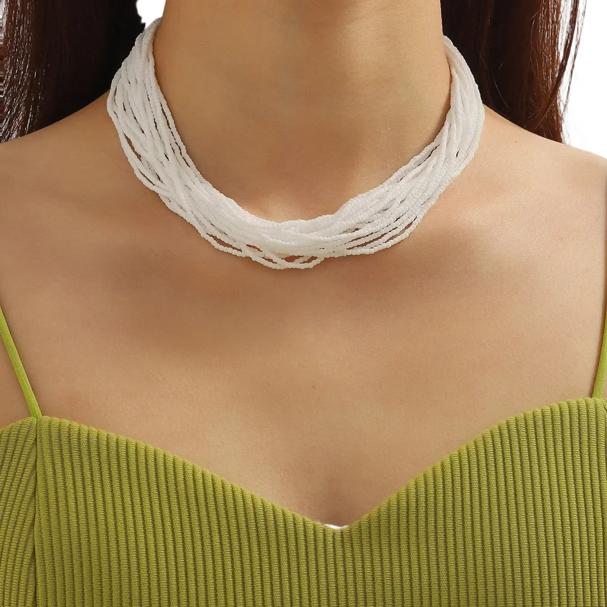 White beaded multi-layer boho choker necklace with multiple woven strands in turquoise accents