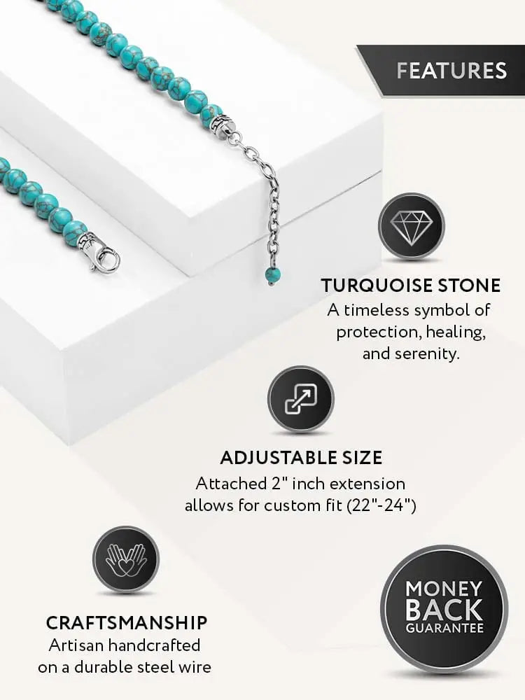 Adjustable turquoise bead necklace in stainless steel with delicate beads and silver-toned clasp and extension chain