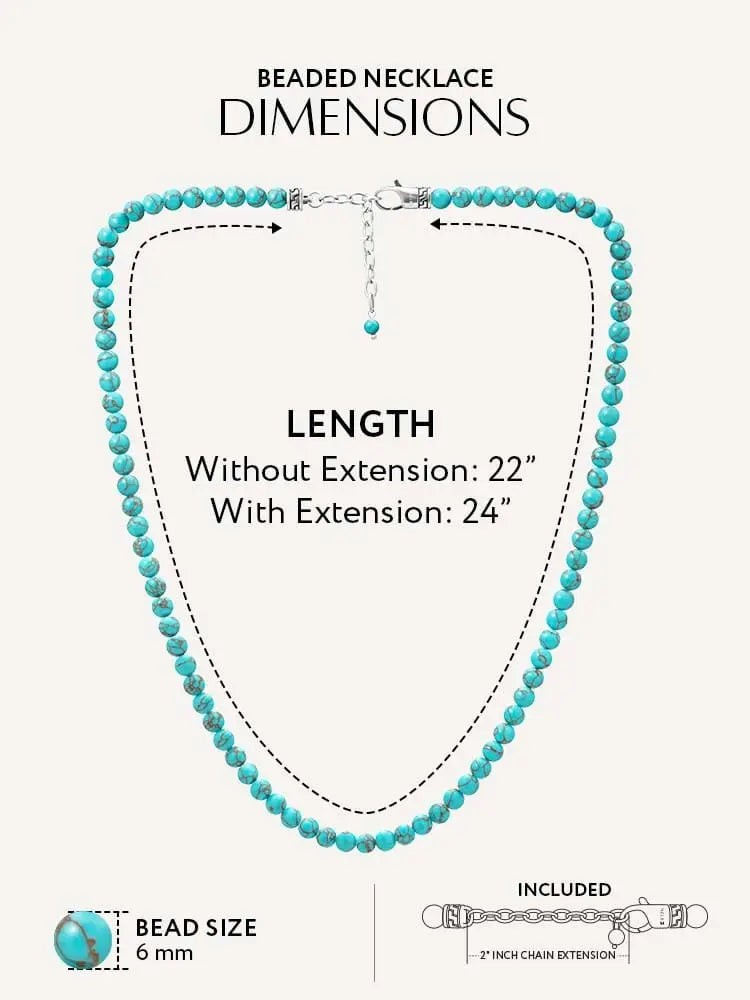 Adjustable turquoise bead necklace in stainless steel with silver-toned clasp and 2-inch chain extension
