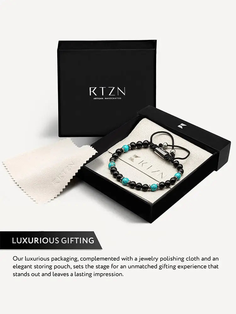 Navajo turquoise and black onyx adjustable beaded bracelet with silver clasp in rtzn branded gift box
