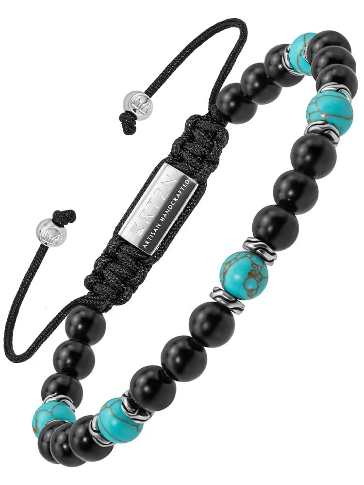 Navajo turquoise and black onyx adjustable beaded bracelet with silver-toned metal accents and vibrant colors
